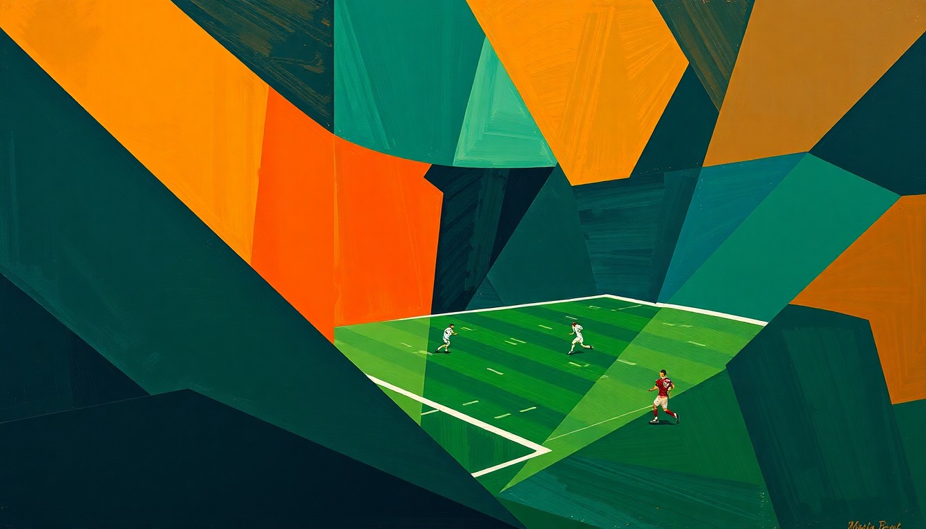 A cubist, geometric painting depicting a fragmented football game, with sharp planes of navy, green, and orange overlapping to create a sense of motion and chaos on the field.