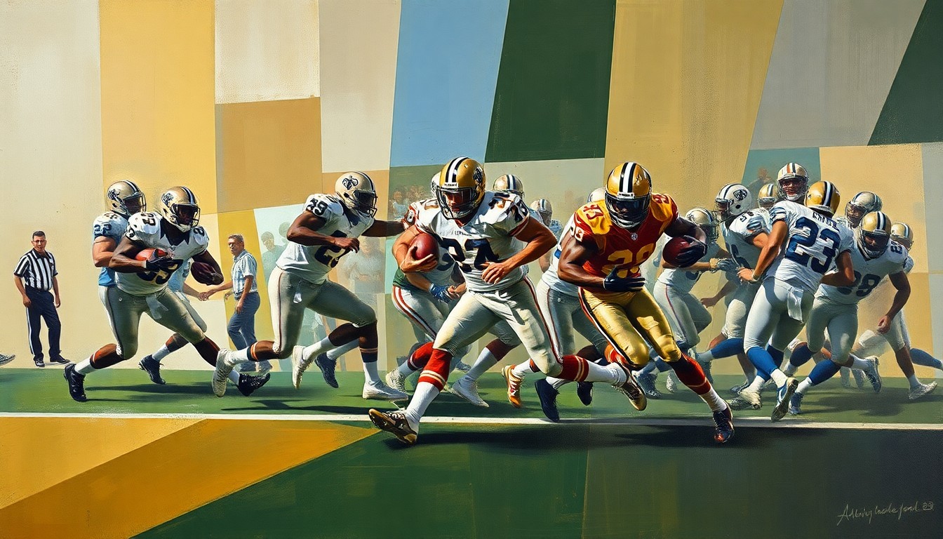 A cubist, geometric painting depicting a fragmented football play, with players and the ball broken down into sharp, overlapping shapes and planes, conceptually representing the uncertainty surrounding the Saints