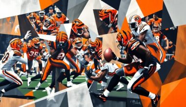 A fractured, geometric painting depicting a football game in progress, with the players