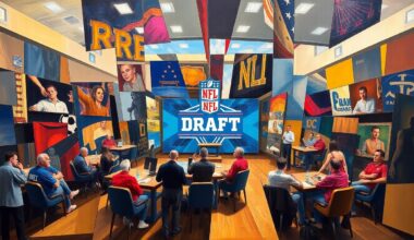 A cubist, geometric painting depicting an abstract NFL draft room scene, with sharp, overlapping planes of color and form representing the competing interests and perspectives at play.