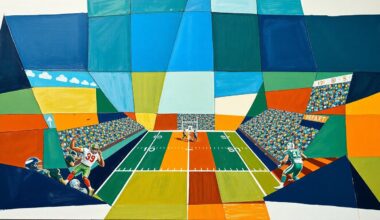 A cubist, geometric painting depicting a fragmented football game, with sharp, overlapping planes of navy, green, and orange representing the dynamic action on the field.