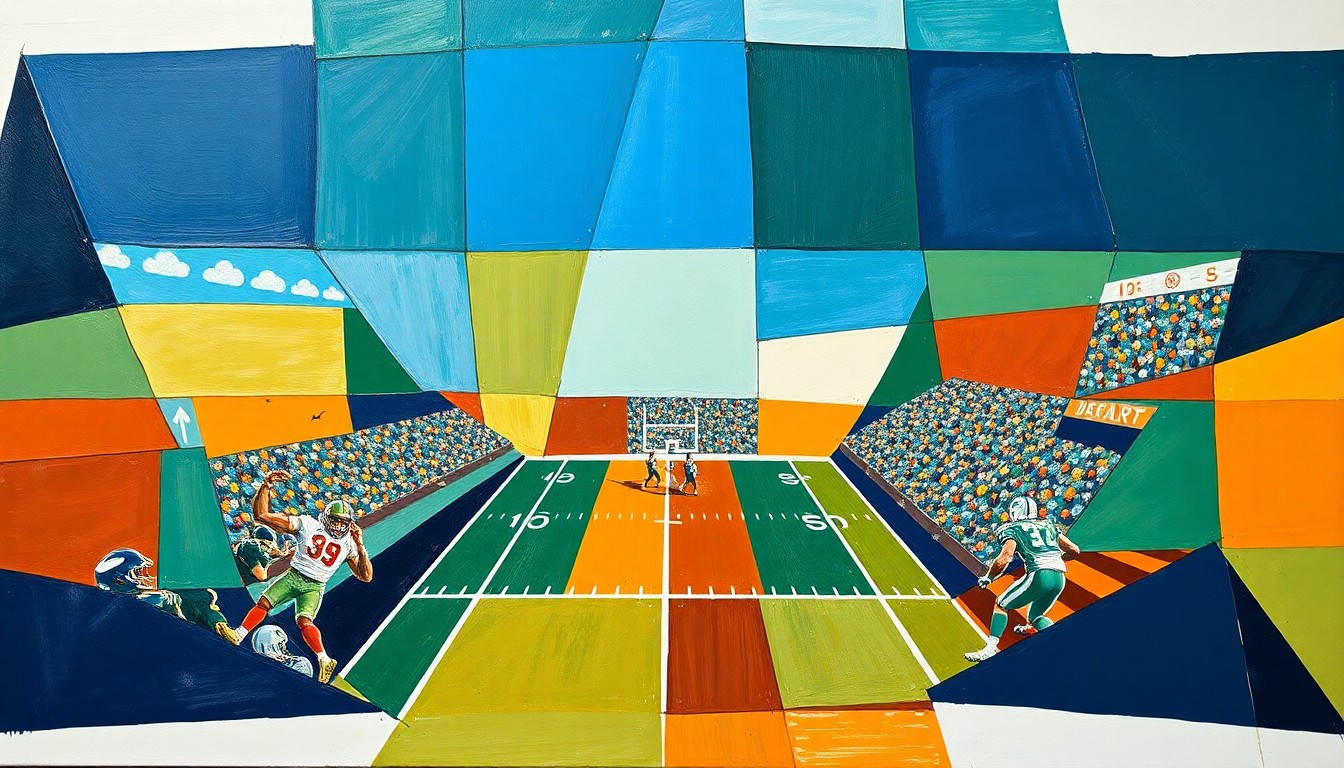 A cubist, geometric painting depicting a fragmented football game, with sharp, overlapping planes of navy, green, and orange representing the dynamic action on the field.