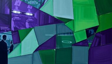 A fractured, geometric painting in shades of purple, green, and gray depicts an abstract football scene or draft room, with sharp, overlapping planes representing the multi-faceted nature of personnel decisions in the NFL.