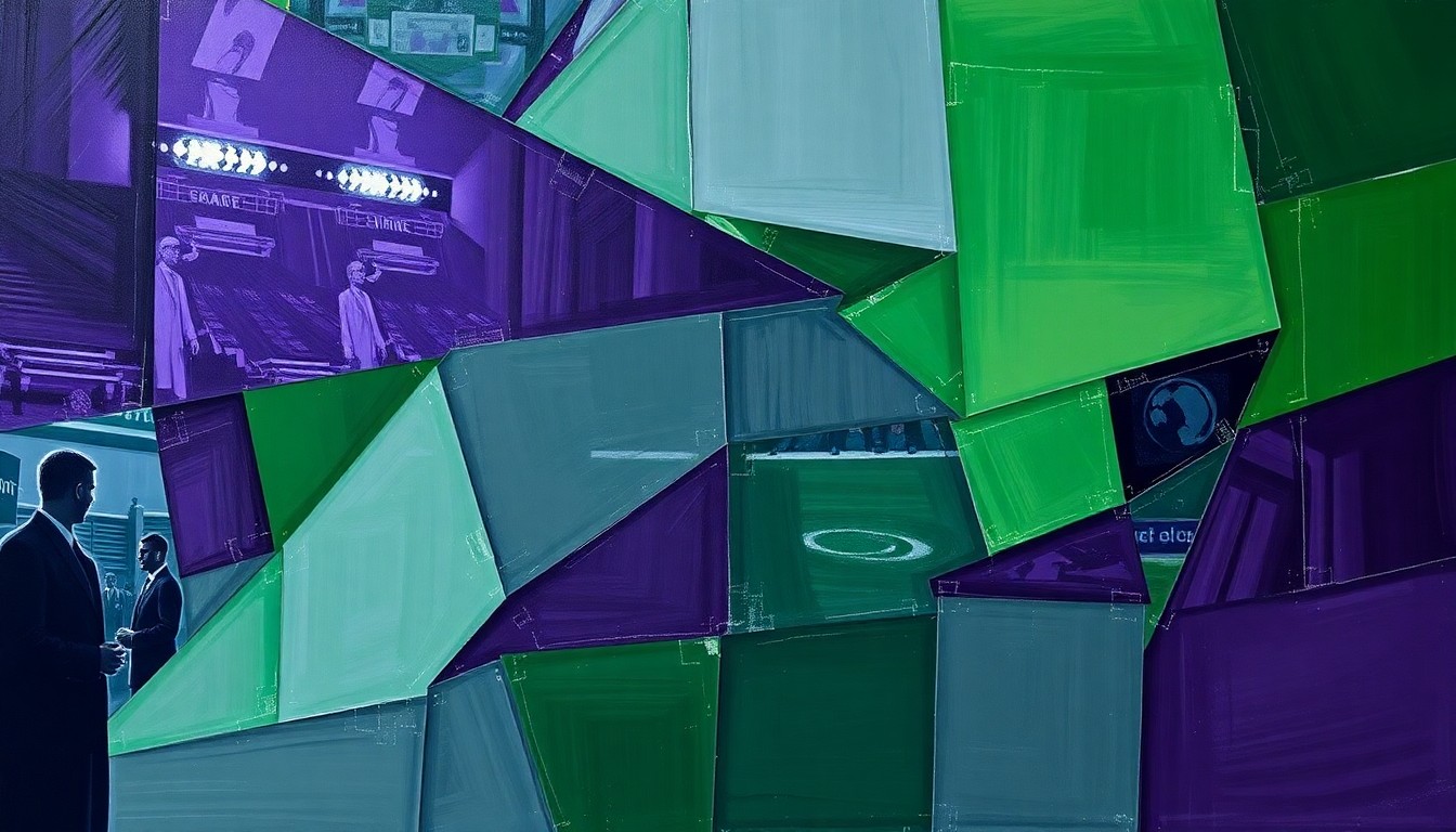 A fractured, geometric painting in shades of purple, green, and gray depicts an abstract football scene or draft room, with sharp, overlapping planes representing the multi-faceted nature of personnel decisions in the NFL.
