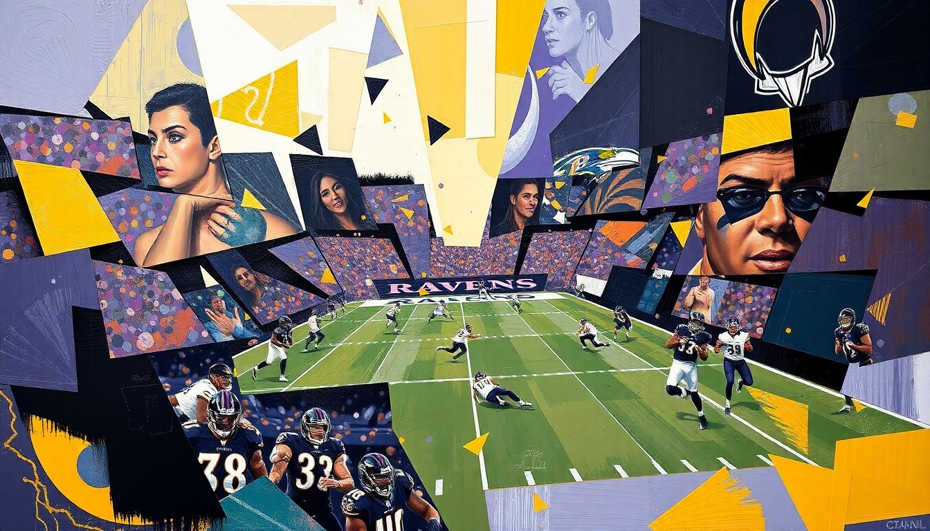 A fragmented, cubist-style painting depicting a football game or match, with sharp geometric shapes and planes in shades of purple, black, and gold, representing the Ravens