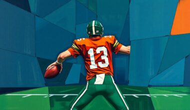 A fragmented, geometric painting depicting a quarterback in motion, with sharp planes of navy, green, and orange overlapping to create a sense of dynamic movement and uncertainty.