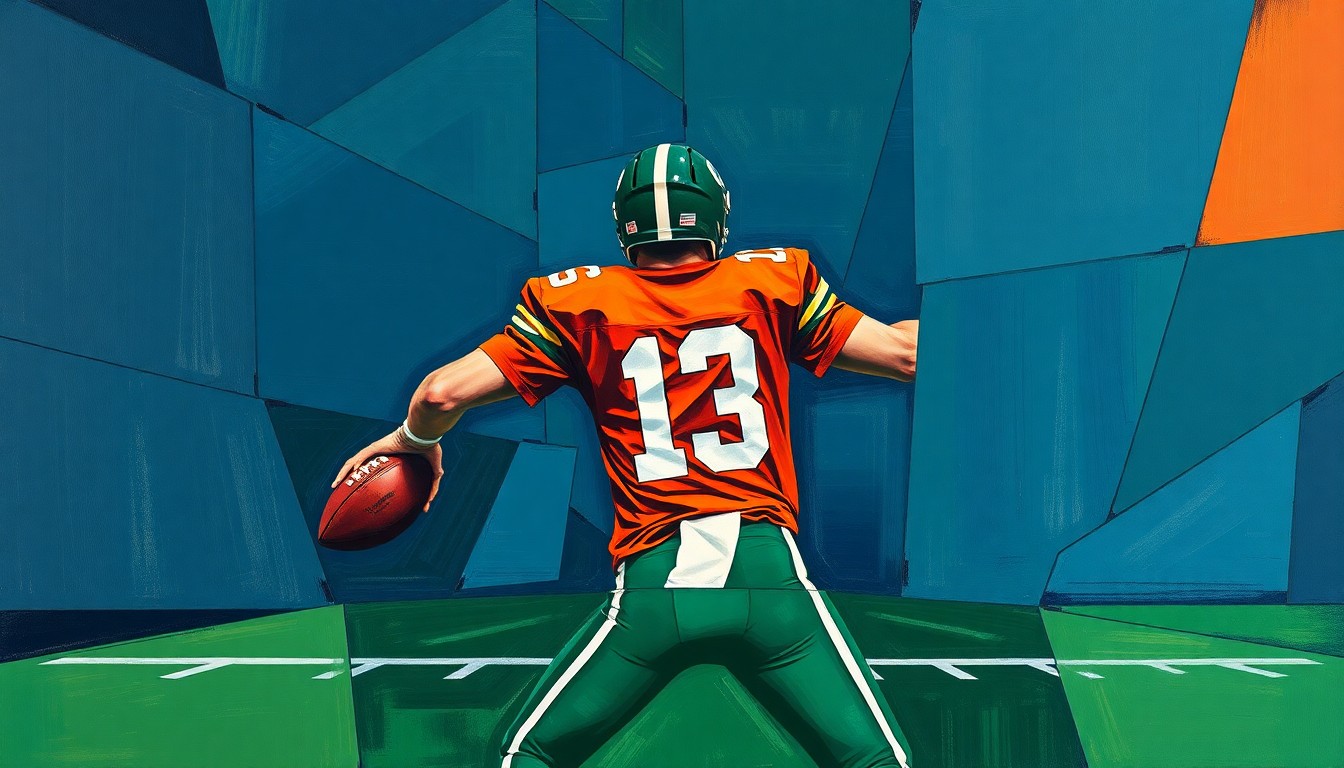A fragmented, geometric painting depicting a quarterback in motion, with sharp planes of navy, green, and orange overlapping to create a sense of dynamic movement and uncertainty.