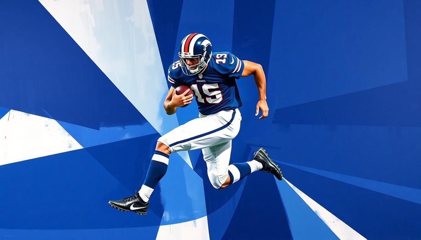 A fragmented, geometric painting depicting a football player in motion, with sharp planes of navy blue, royal blue, and white overlapping to create a sense of dynamism and movement.