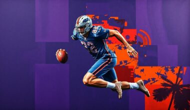 A fragmented, geometric painting depicting a football player in motion, with sharp planes of deep purple, navy blue, and burnt orange creating a dynamic, abstract composition.