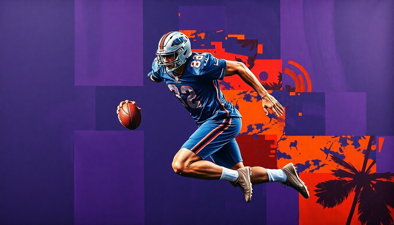 A fragmented, geometric painting depicting a football player in motion, with sharp planes of deep purple, navy blue, and burnt orange creating a dynamic, abstract composition.