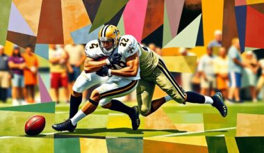 A fragmented, geometric painting depicting a Saints defensive player making a tackle, with sharp planes of color and form capturing the raw energy of the play.