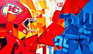 A fractured, geometric painting in red, gold, blue, and black hues, depicting overlapping planes and shapes that abstractly represent a football game or match.