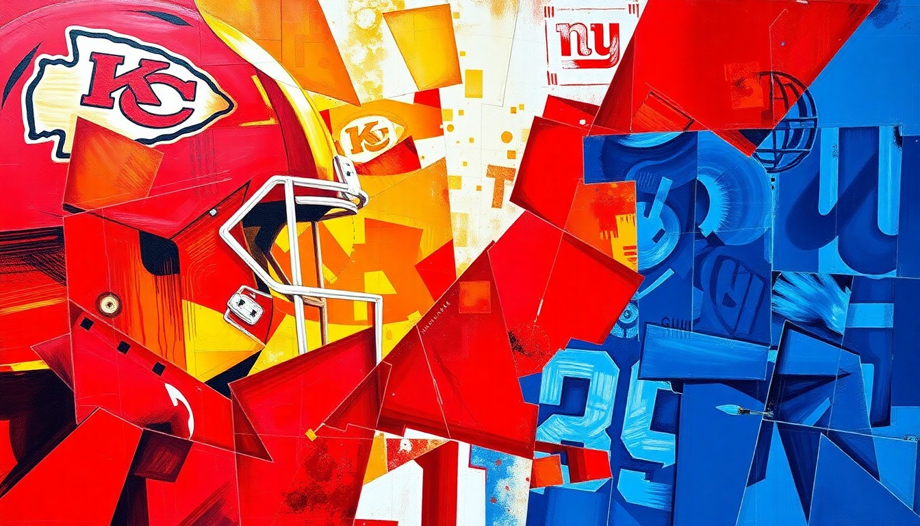 A fractured, geometric painting in red, gold, blue, and black hues, depicting overlapping planes and shapes that abstractly represent a football game or match.