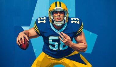 A fragmented, cubist-style painting depicting an offensive lineman in pass protection, with sharp geometric planes in navy blue, powder blue, and gold representing the complex evaluation of this prospect