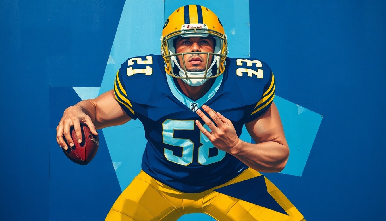 A fragmented, cubist-style painting depicting an offensive lineman in pass protection, with sharp geometric planes in navy blue, powder blue, and gold representing the complex evaluation of this prospect