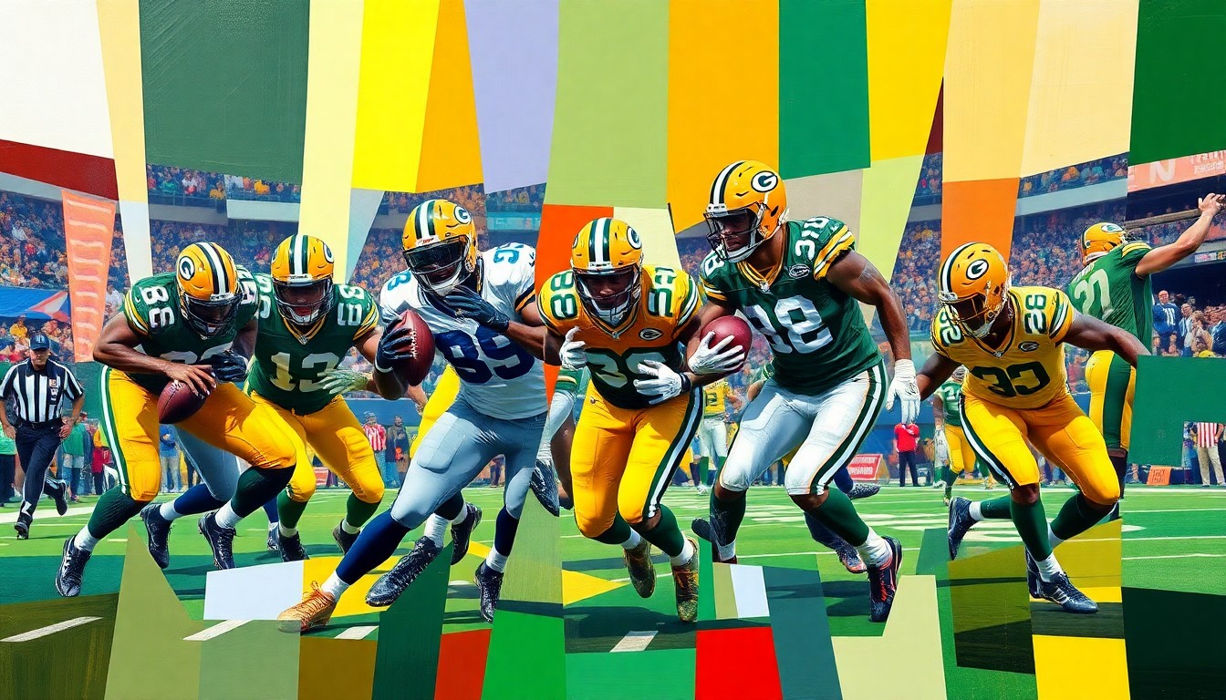 A fractured, geometric painting depicting football players in action, with sharp planes of green, gold, and other vibrant colors representing the Packers