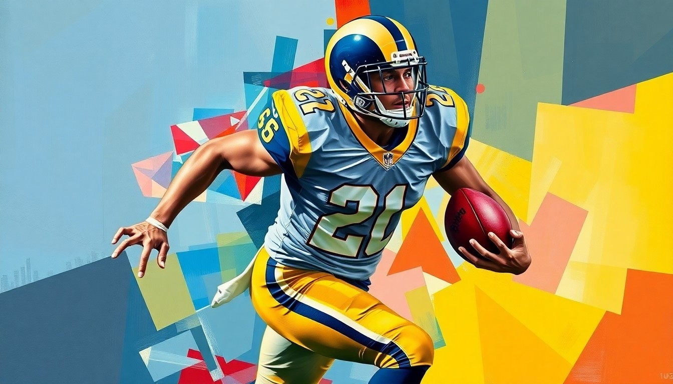 A cubist, geometric painting depicting a football player in motion, with sharp, overlapping planes of color representing the Los Angeles Rams