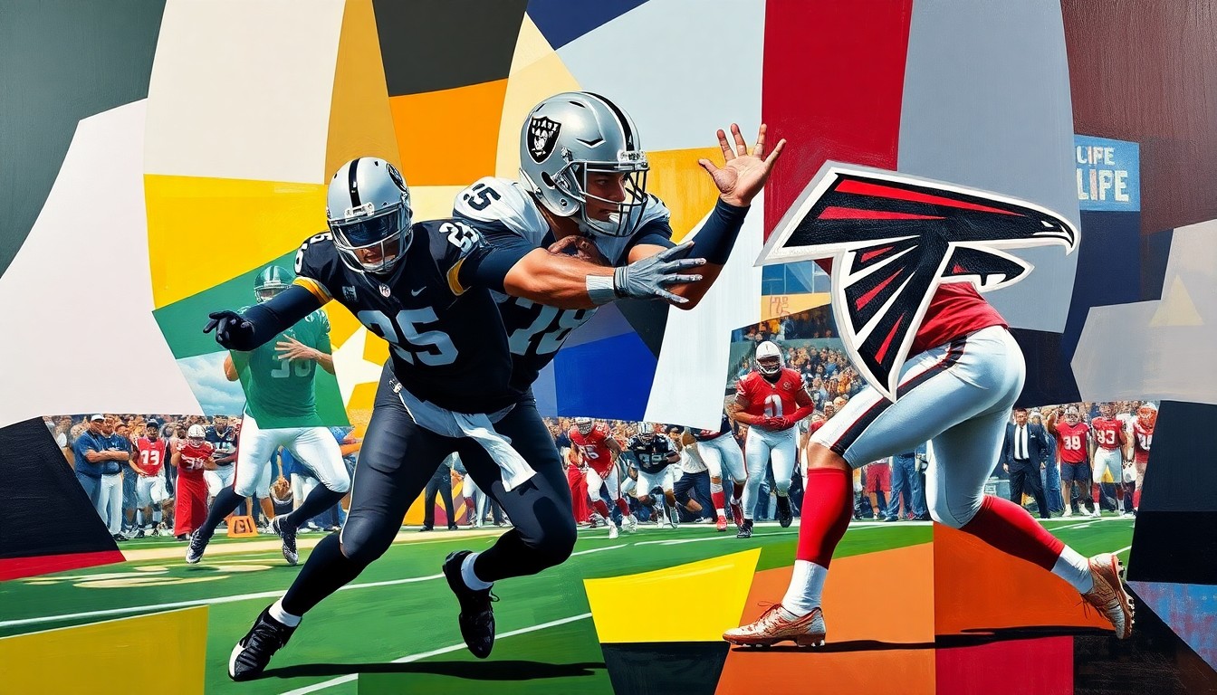 A fragmented, geometric painting depicting a football player in motion, with sharp planes of silver, black, and red representing the Raiders