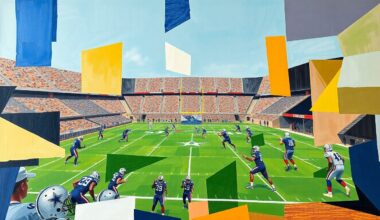 A cubist, geometric painting depicting a fragmented, multi-angled view of a Dallas Cowboys football practice, with players and equipment broken down into sharp, overlapping planes of color and shape.