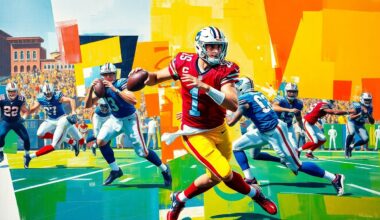A fractured, cubist-style painting depicting a football player, likely Kyler Murray, in motion, with sharp, overlapping geometric shapes and planes representing his dynamic athleticism and playmaking ability.