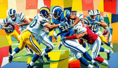 A cubist, geometric painting depicting fragmented football players and a football in motion, using the bright colors of the Rams and Chargers uniforms to represent the potential acquisition of Allen by the Rams.