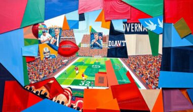 A fractured, multi-perspective painting in bold colors depicting a fragmented, geometric scene of an NFL football game or draft prospects, reflecting the diverse opinions and predictions surrounding the Falcons