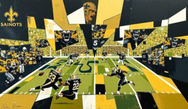 A cubist, geometric painting featuring sharp, overlapping planes of black, gold, and white, conceptually representing the strategic decisions facing the New Orleans Saints ahead of the NFL Draft.