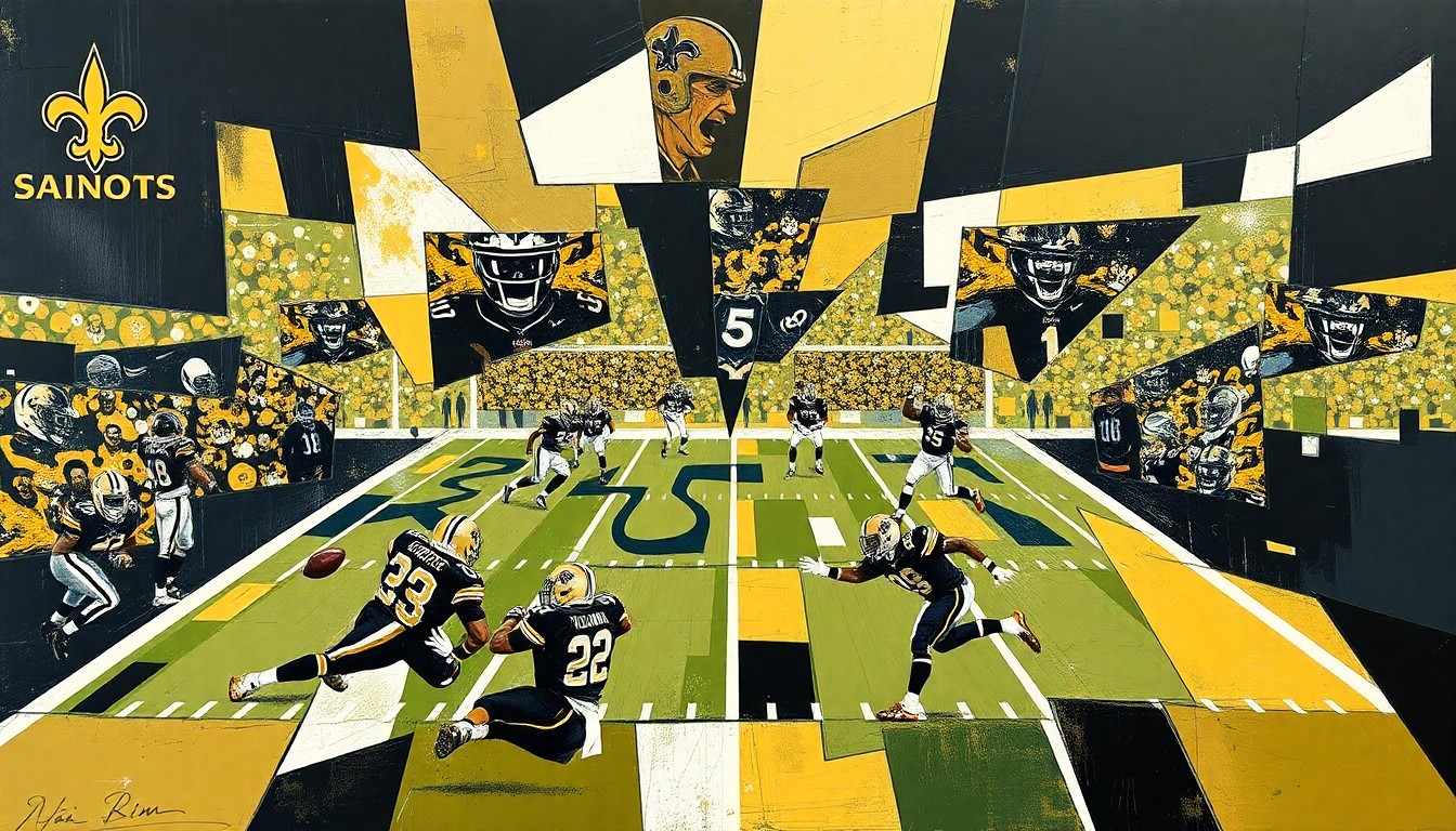 A cubist, geometric painting featuring sharp, overlapping planes of black, gold, and white, conceptually representing the strategic decisions facing the New Orleans Saints ahead of the NFL Draft.