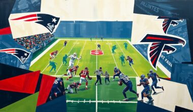 A fractured, geometric painting depicting a football game or match between the New England Patriots and Atlanta Falcons, with the players and field broken down into abstract shapes and planes of navy blue, red, and white.