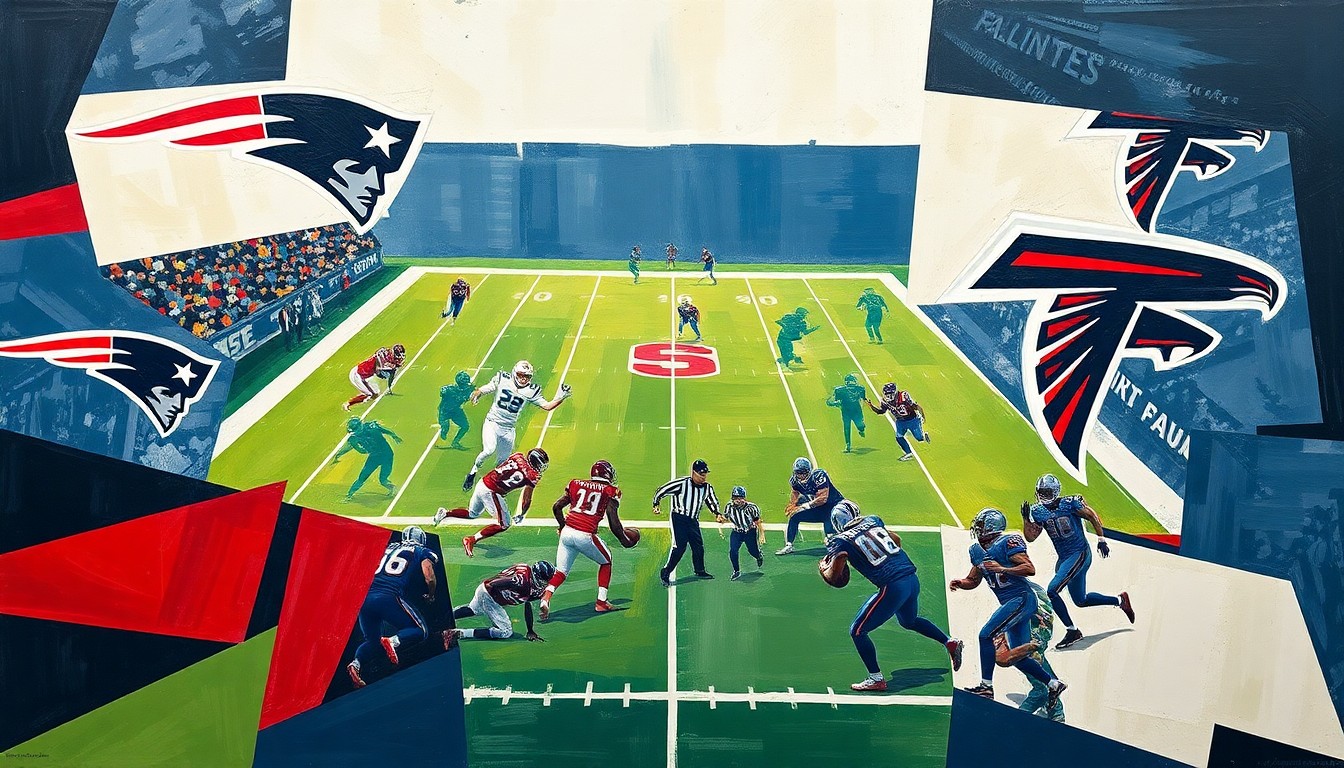 A fractured, geometric painting depicting a football game or match between the New England Patriots and Atlanta Falcons, with the players and field broken down into abstract shapes and planes of navy blue, red, and white.