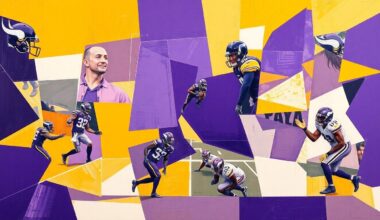 A cubist, geometric painting in purple, gold, and white tones depicting fragmented, overlapping shapes and planes representing a football game or practice scene.