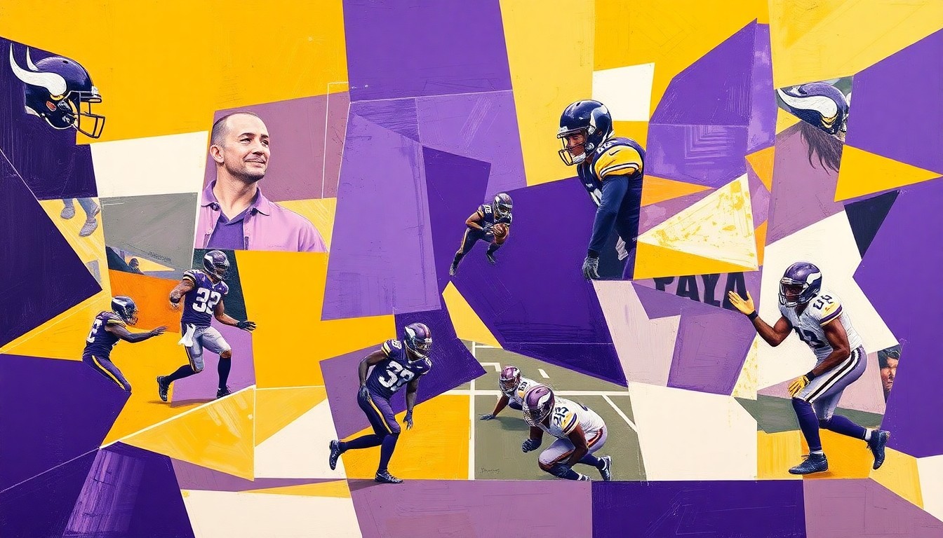 A cubist, geometric painting in purple, gold, and white tones depicting fragmented, overlapping shapes and planes representing a football game or practice scene.