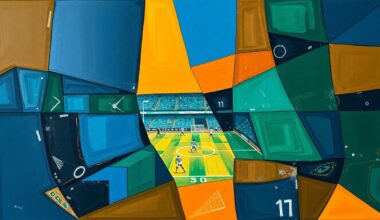 A fragmented, geometric painting depicting a football game or match, with sharp planes of navy, green, and orange overlapping to create a sense of motion and intensity.