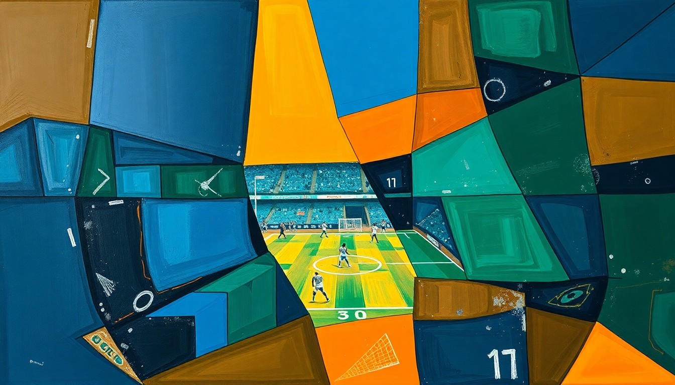 A fragmented, geometric painting depicting a football game or match, with sharp planes of navy, green, and orange overlapping to create a sense of motion and intensity.