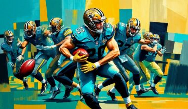 A cubist, geometric painting depicting a football player in the midst of a pass rush, with sharp, overlapping planes of teal, gold, and black reflecting the Jaguars