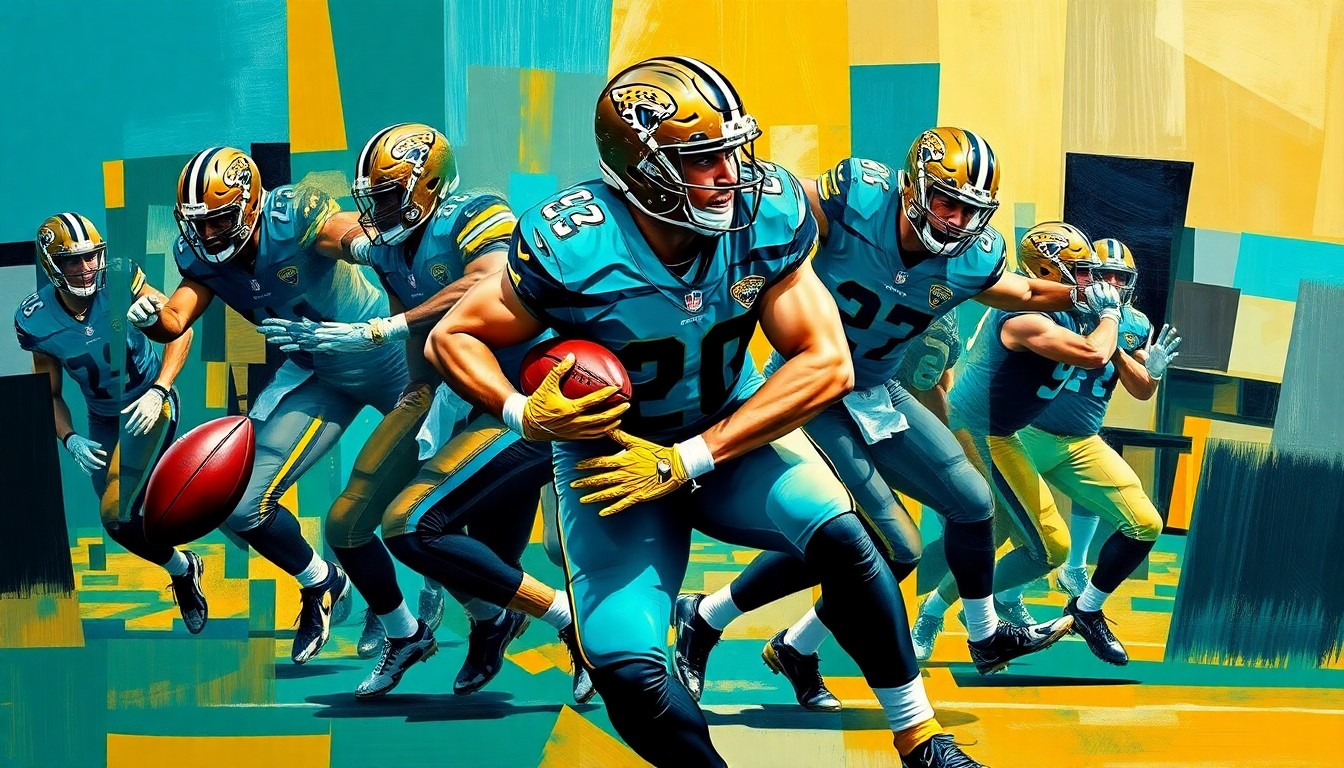 A cubist, geometric painting depicting a football player in the midst of a pass rush, with sharp, overlapping planes of teal, gold, and black reflecting the Jaguars