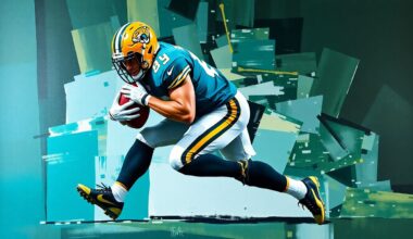 A fragmented, cubist-style painting depicting a football player in a teal and gold uniform making a tackle, with the player