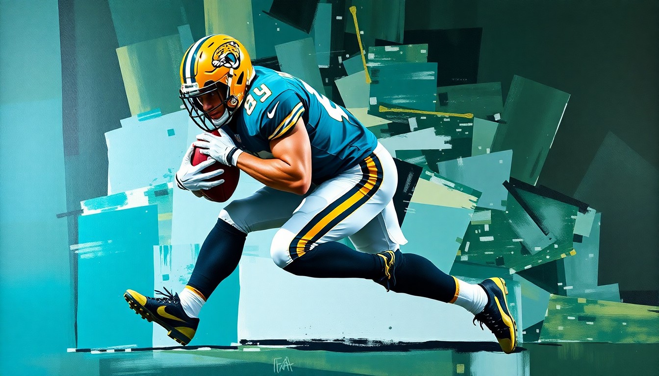 A fragmented, cubist-style painting depicting a football player in a teal and gold uniform making a tackle, with the player