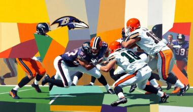 A fragmented, geometric painting depicting an offensive line play, with sharp planes of purple, black, orange, and brown representing the movement and collision of players on the field.