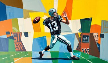 A fragmented, geometric painting depicting a quarterback in motion, with sharp, overlapping planes of color and form representing the uncertainty surrounding the Steelers