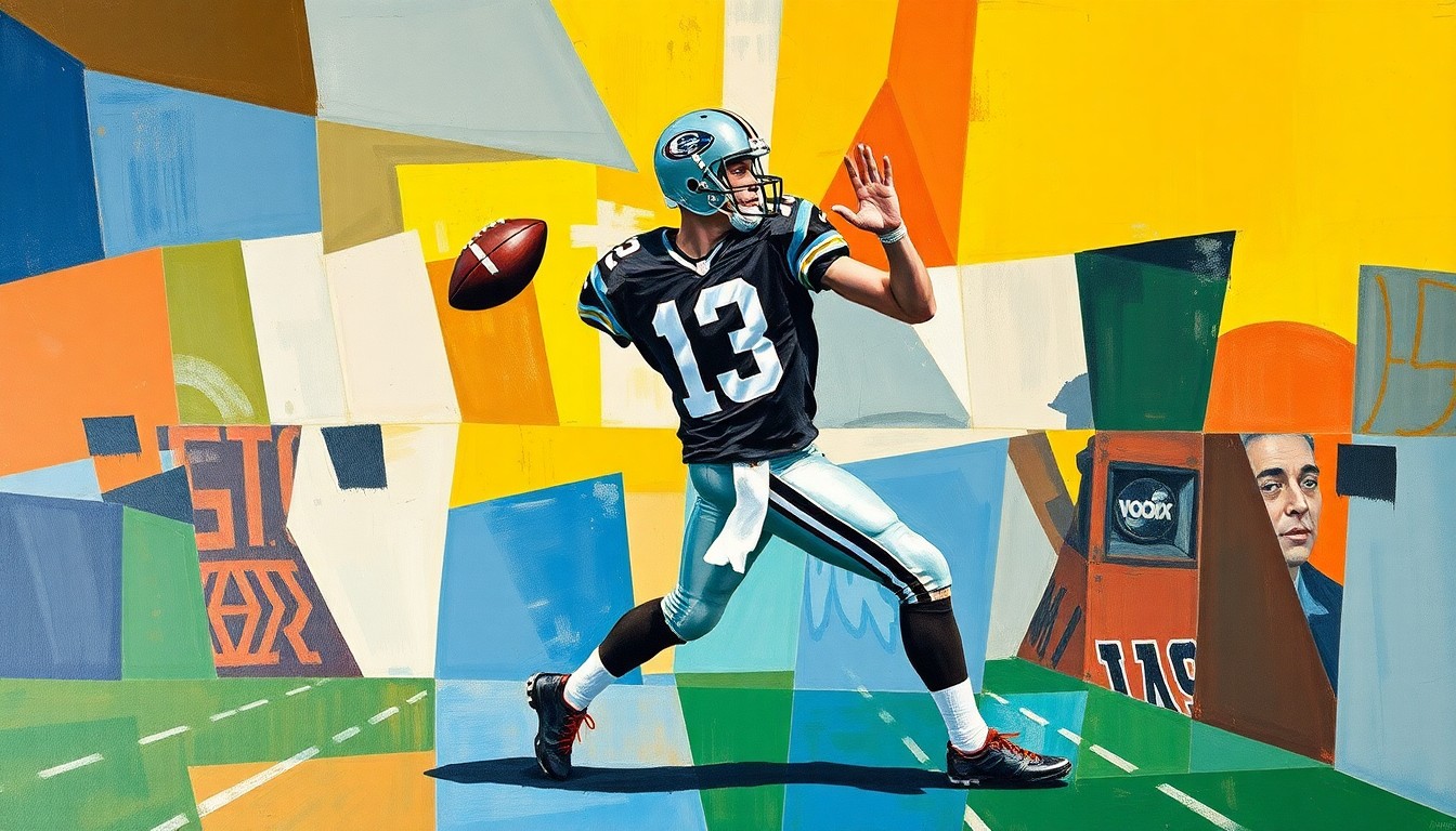 A fragmented, geometric painting depicting a quarterback in motion, with sharp, overlapping planes of color and form representing the uncertainty surrounding the Steelers