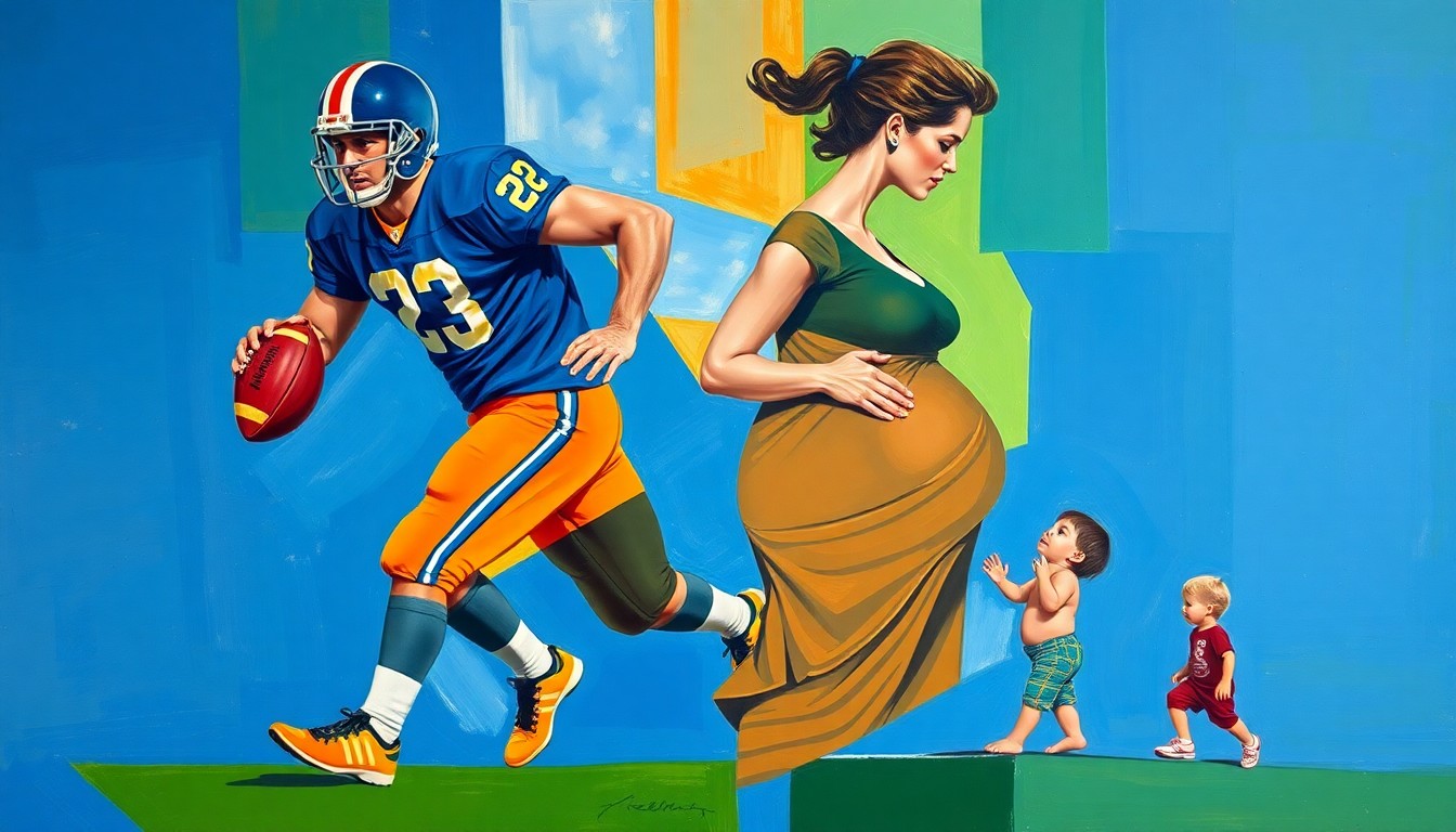 A fractured, geometric painting depicting a football player, a pregnant woman, and a toddler in overlapping planes of bright blue, green, and orange.