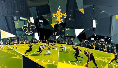 A fractured, cubist-style painting depicting a Saints football game, with sharp geometric planes in the team