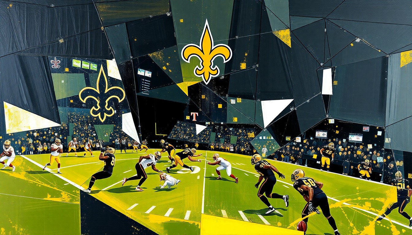 A fractured, cubist-style painting depicting a Saints football game, with sharp geometric planes in the team