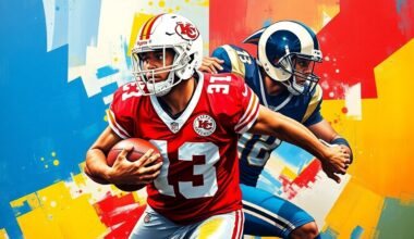 A fractured, geometric painting depicting a football player in motion, with sharp planes of color representing the uniforms of the Kansas City Chiefs and Los Angeles Rams.