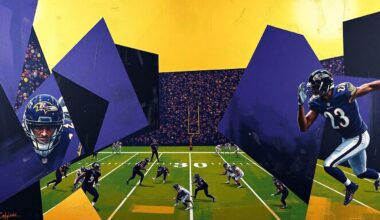 A fragmented, cubist-style painting depicting a Ravens football game, with the players and field broken down into sharp, overlapping geometric shapes in deep purple, black, and gold tones, capturing the team