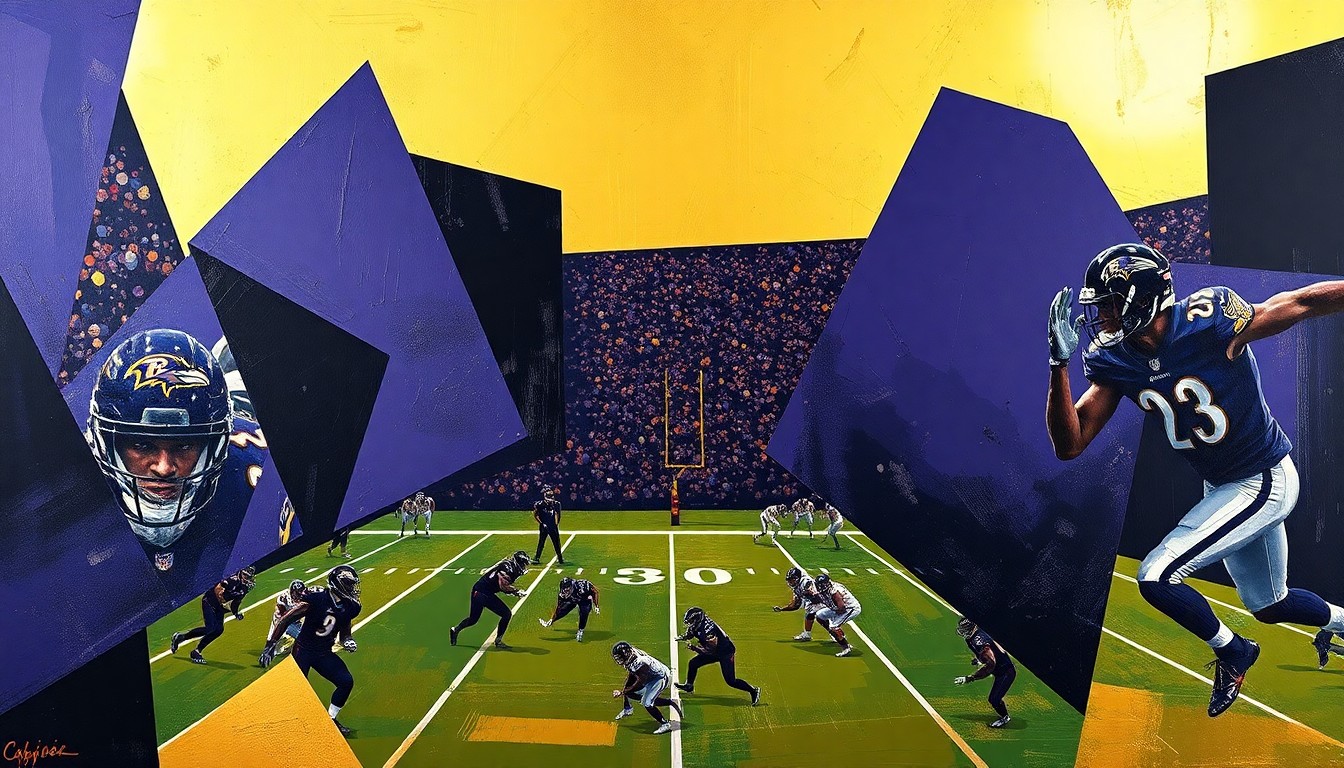 A fragmented, cubist-style painting depicting a Ravens football game, with the players and field broken down into sharp, overlapping geometric shapes in deep purple, black, and gold tones, capturing the team