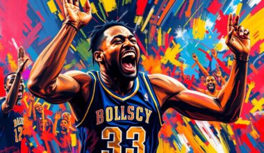 An abstract expressionist painting featuring energetic brushstrokes in neon shades of green, blue, and orange, capturing the raw emotion and excitement of a sports celebration.