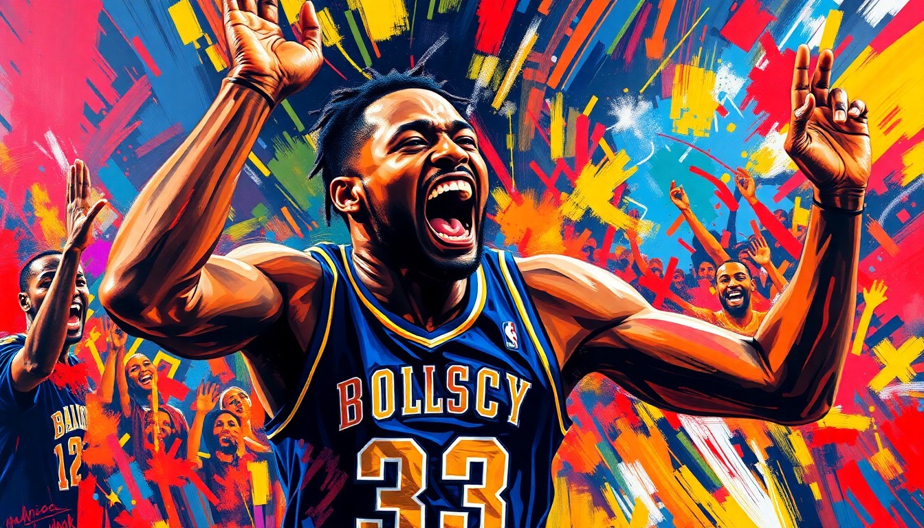 An abstract expressionist painting featuring energetic brushstrokes in neon shades of green, blue, and orange, capturing the raw emotion and excitement of a sports celebration.