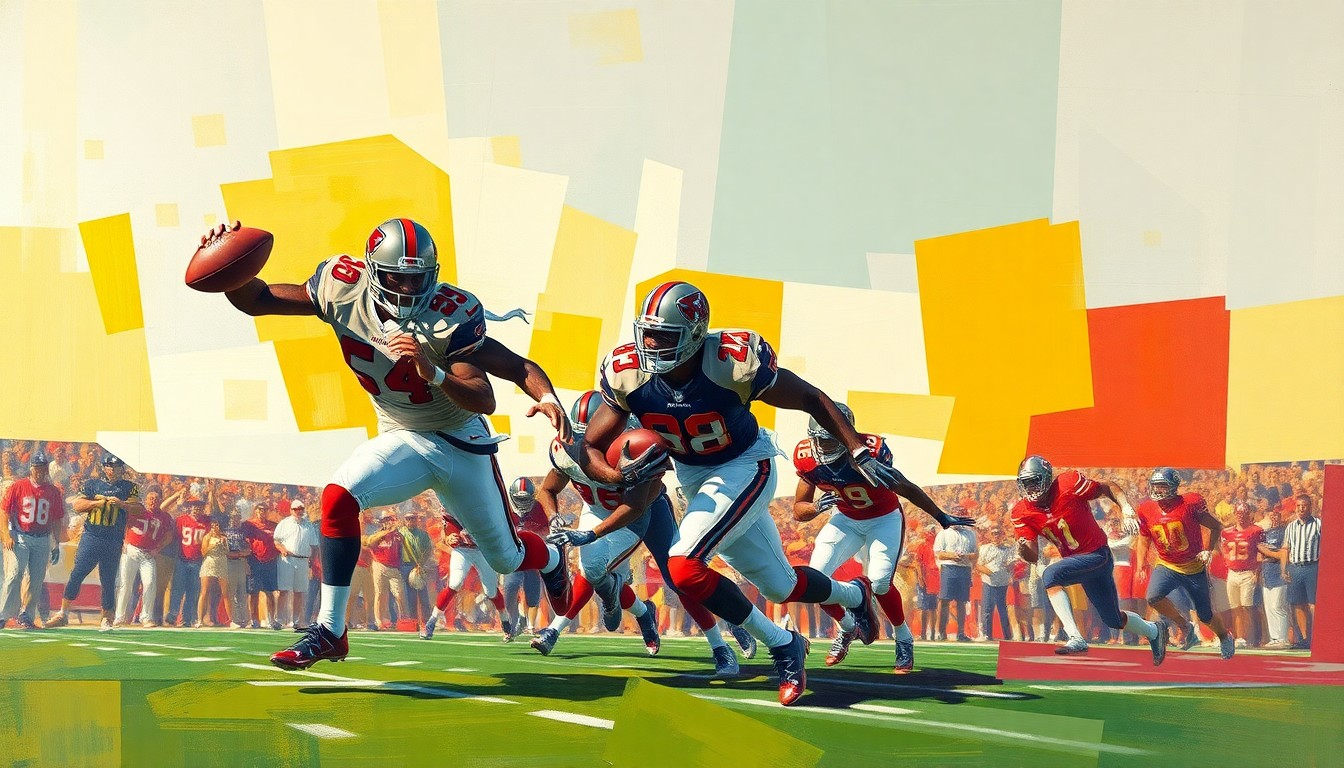 A cubist-style painting depicting fragmented, geometric shapes and planes representing the movements and actions of two football players, conceptually illustrating the contrasting yet complementary skills of the Buccaneers